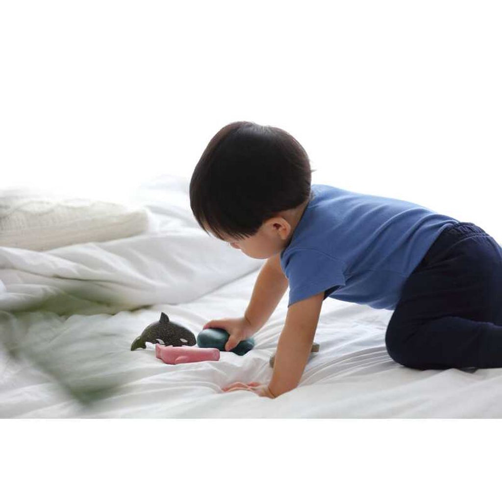 Kid playing PlanToys Shark