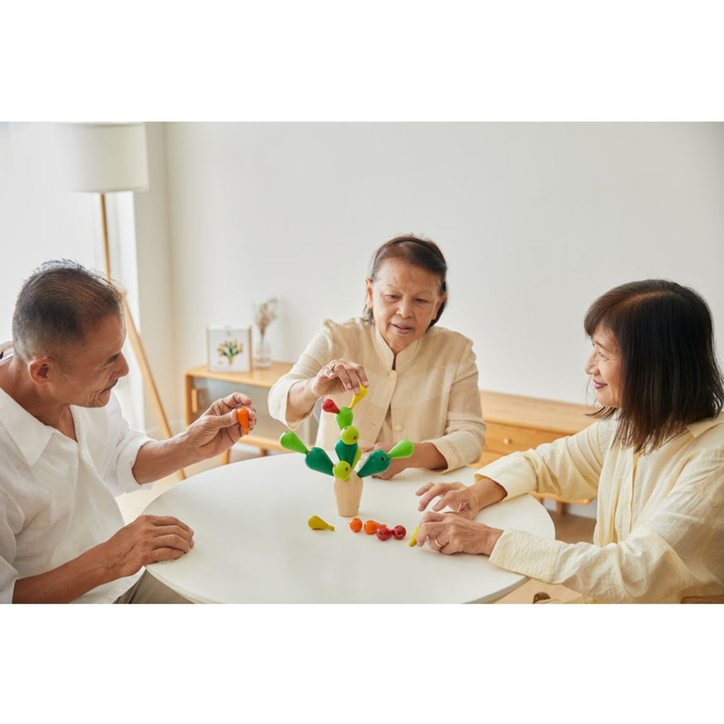 Elderly playing PlanToys Balancing Cactus